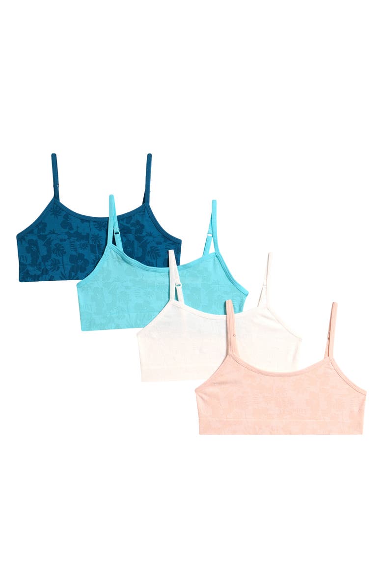 Roxy Set of 4 Unpadded Bralettes, Main, color, Marino/ Aqua/ Floral/ Peach