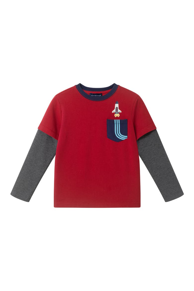 Kids' Spaceship Long Sleeve Pocket T-Shirt & Cargo Sweatpants Set, Alternate, color, RED