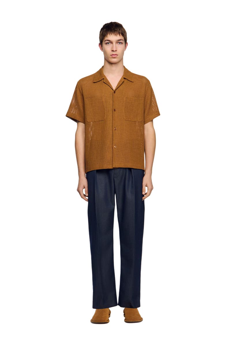 SANDRO Openwork mesh shirt, Alternate, color, Camel