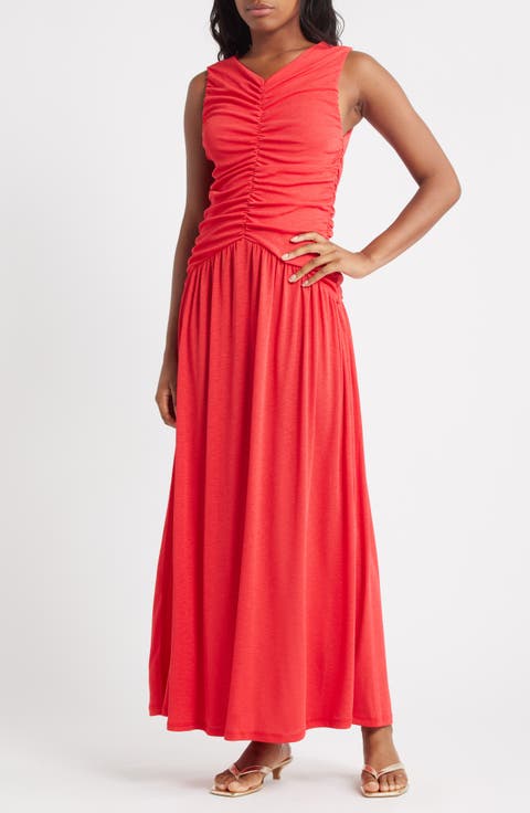 Ruched Drop Waist Maxi Dress