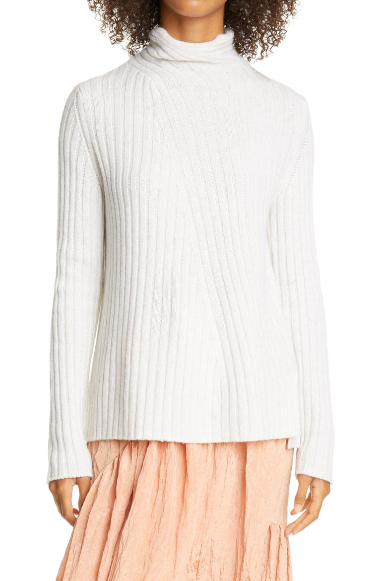 Twist Neck Wool & Cashmere Turtleneck Sweater, Main, color, HEATHER WHITE