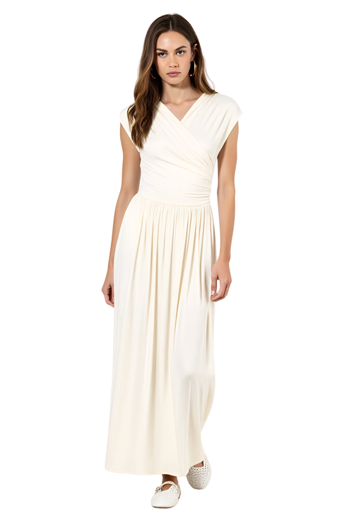 Sleeveless Faux Wrap Maxi Dress with Shirred Waist and Flowy Skirt