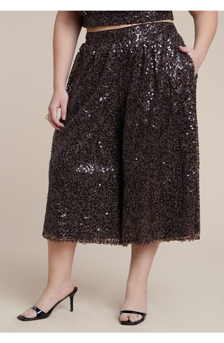 ELOQUII Sequin Pull On Wide Leg Culotte, Alternate, color, Dark Brown