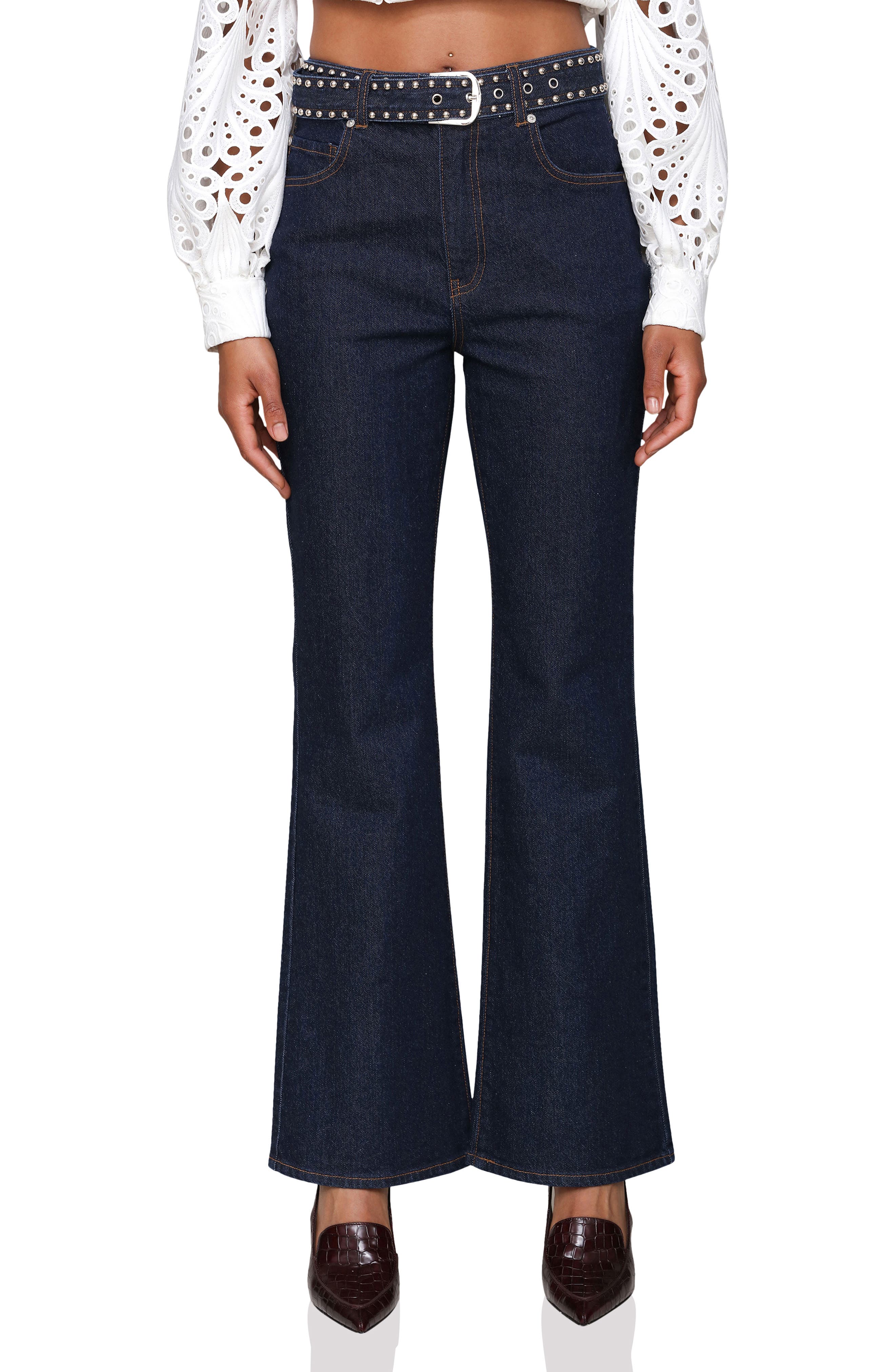 Studded Belt High Waist Flare Leg Jeans