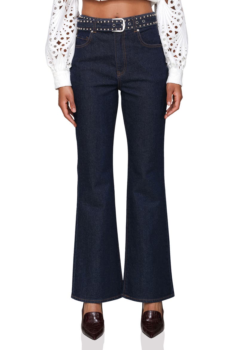 Studded Belt High Waist Flare Leg Jeans, Main, color, DARK RINSE WASH