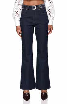 Studded Belt High Waist Flare Leg Jeans