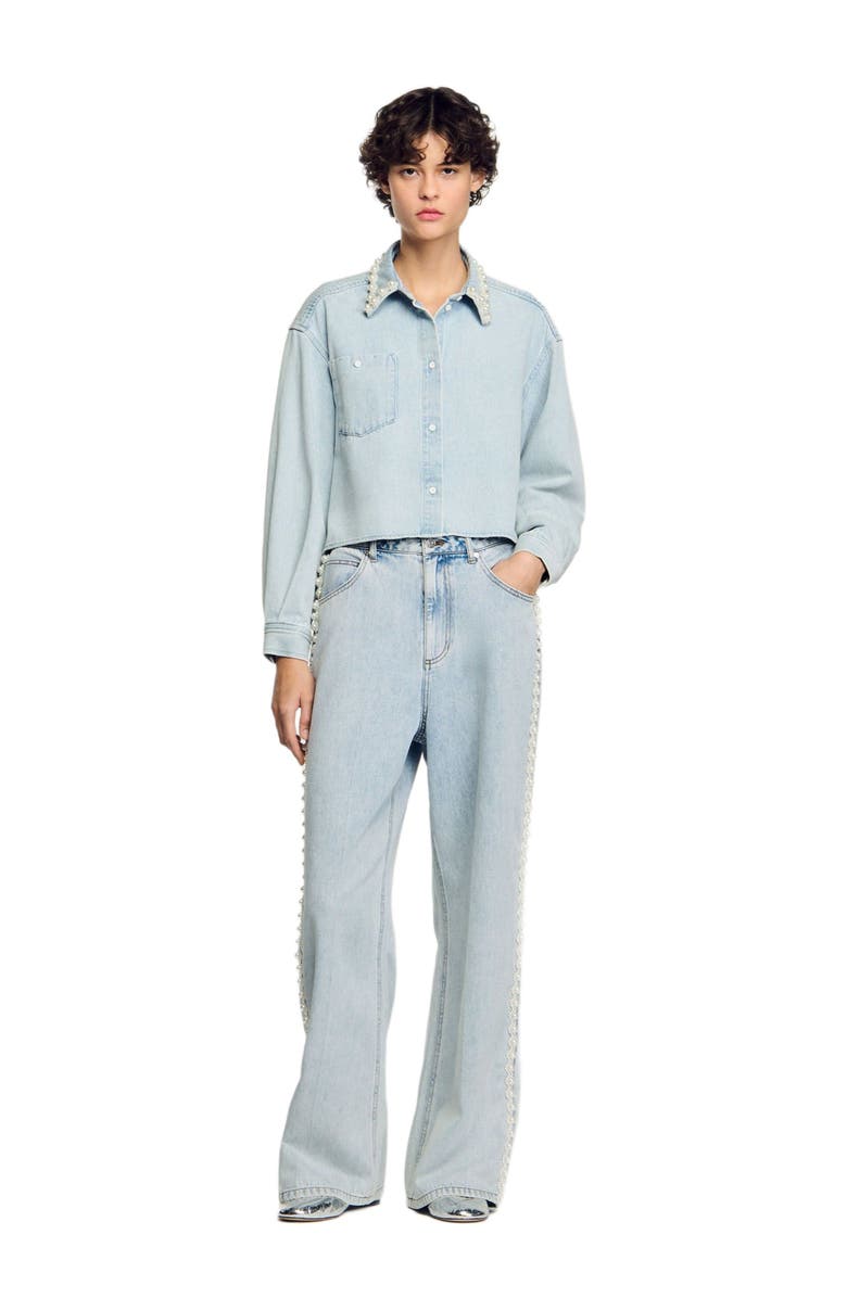 SANDRO Denim shirt with beaded collar, Alternate, color, 