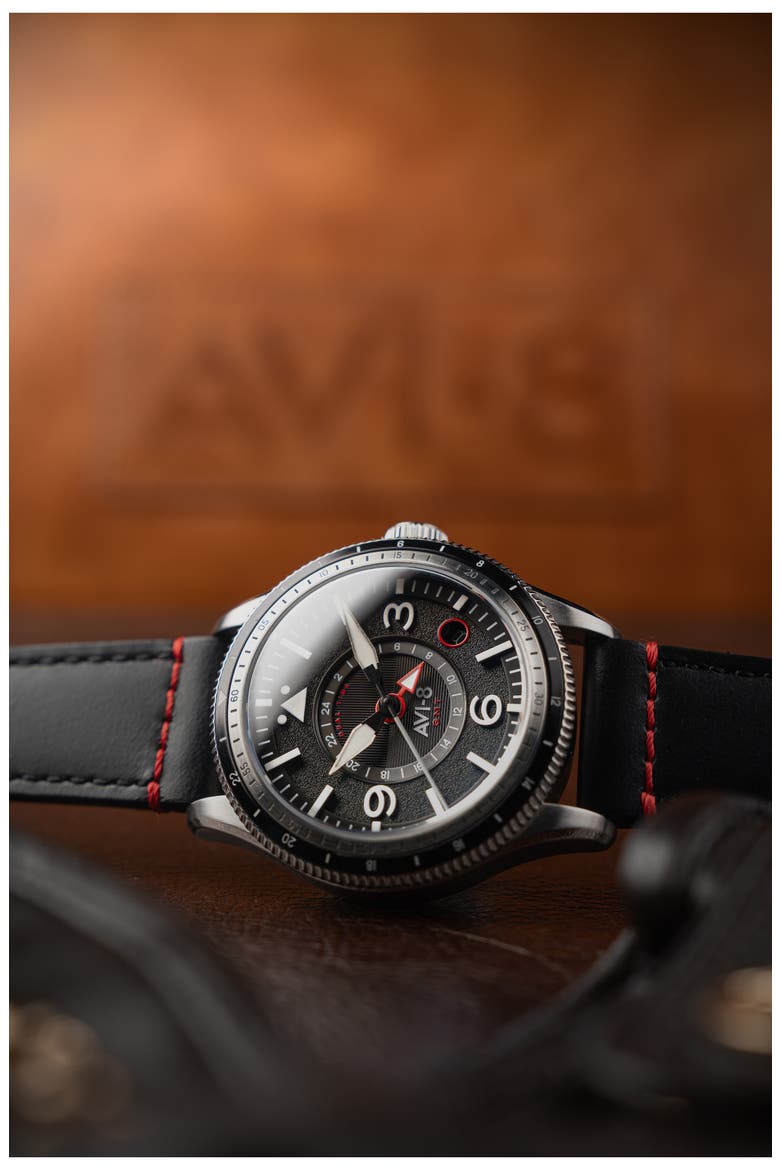 Flyboy Airmaster GMT Leather Strap Watch, 40mm, Alternate, color, BLACK