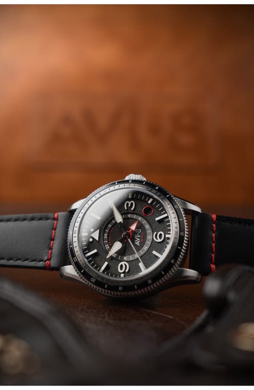 Avi-8 Flyboy Airmaster Gmt Leather Strap Watch, 40mm In Black