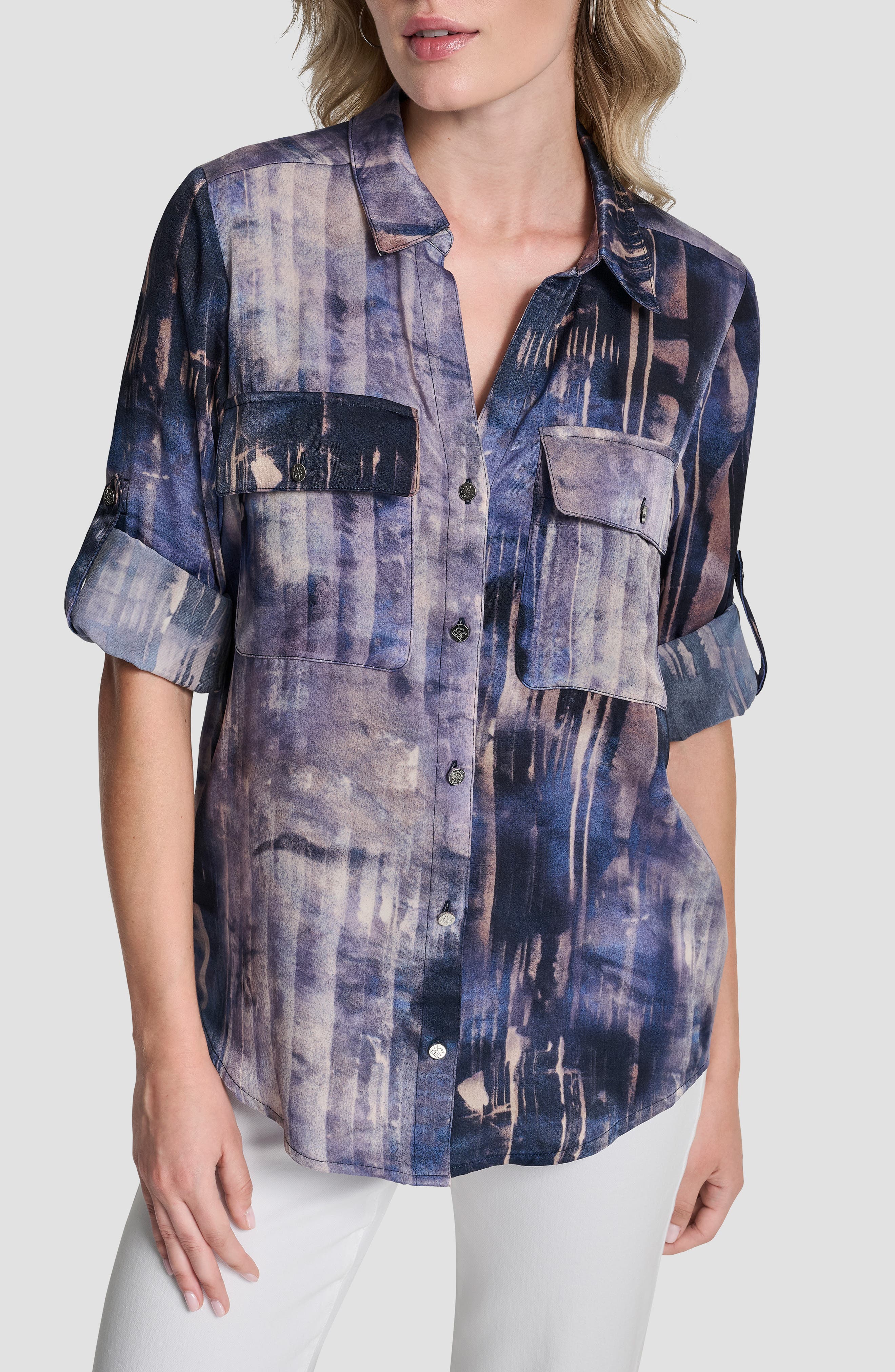 Abstract Print Roll-Tab Sleeve Button-Up Shirt - image 3