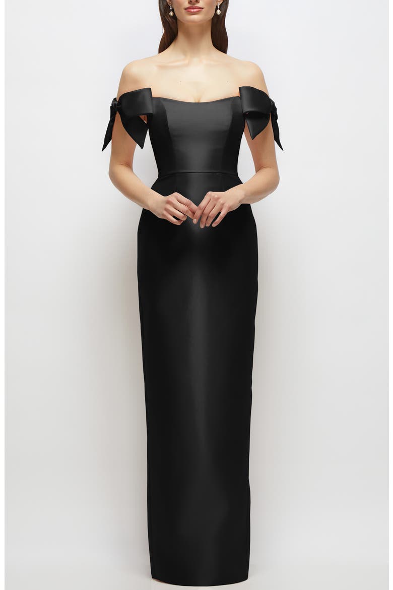 Off the Shoulder Satin Column Gown, Main, color, BLACK