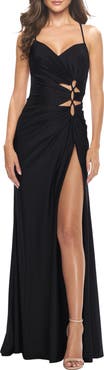 La Femme Jersey Long Prom Dress with Trendy Waist Cut Outs
