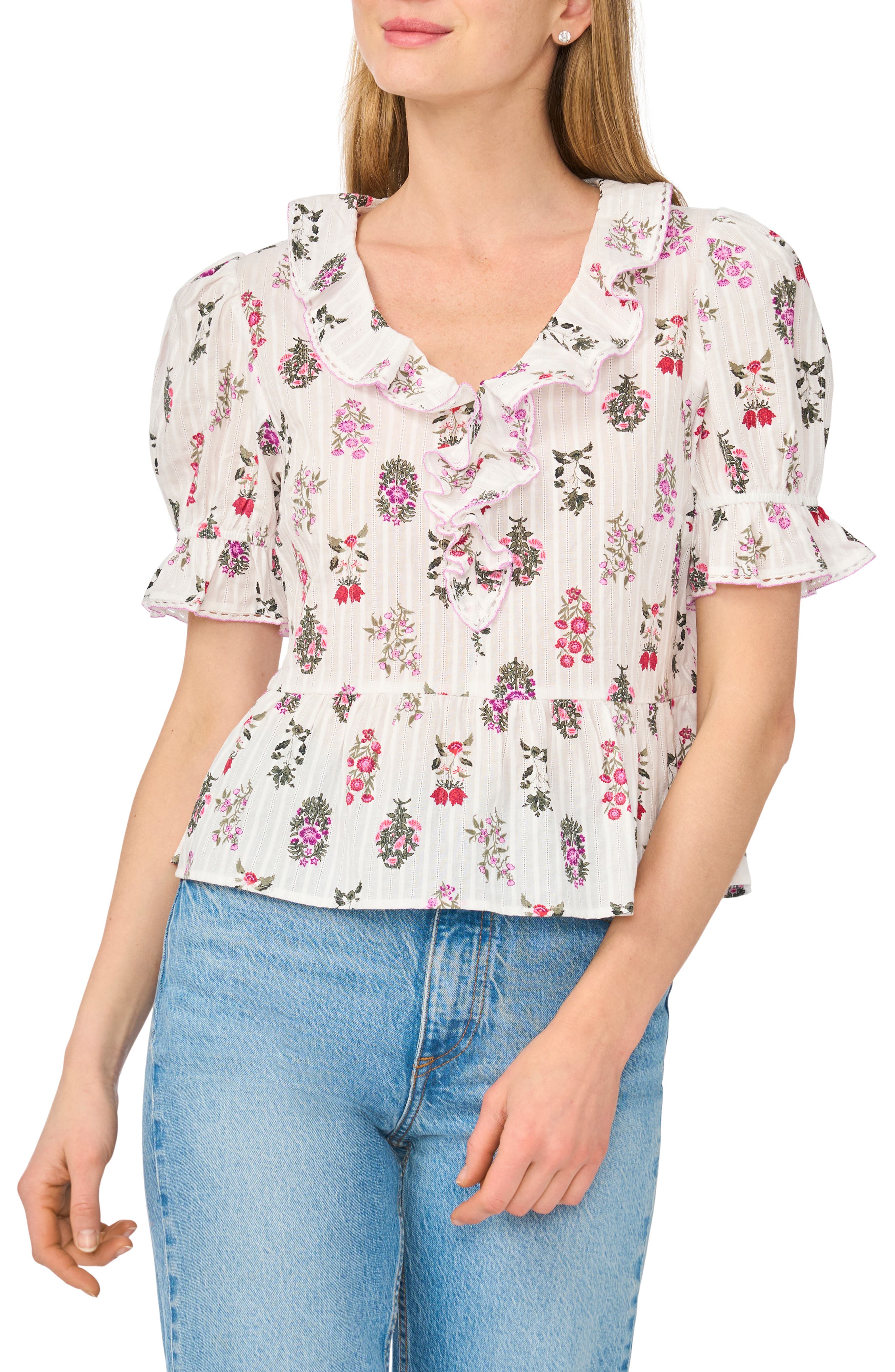 CeCe Ruffle Trim Peplum Cotton Top