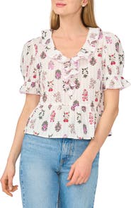 CeCe Ruffle Trim Peplum Cotton Top