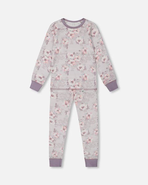 Deux Par Deux Organic Cotton Long Sleeve Two Piece Pajama Set - Printed Bouquet of Flowers