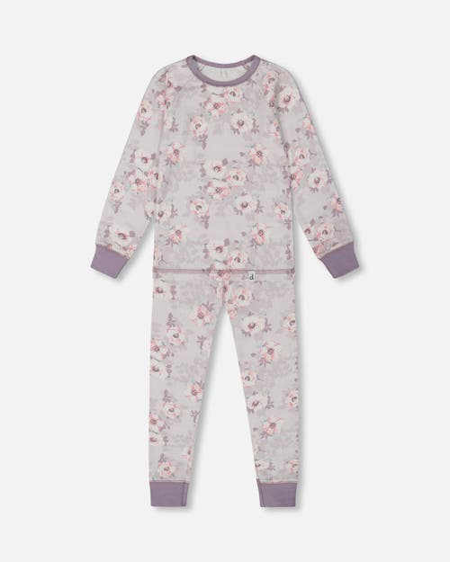 Deux Par Deux Girl's Printed Organic Cotton Long Sleeve Top And Pant Pajama Set Pale Pink Flowers On In Pale Pink Flowers On Lilac