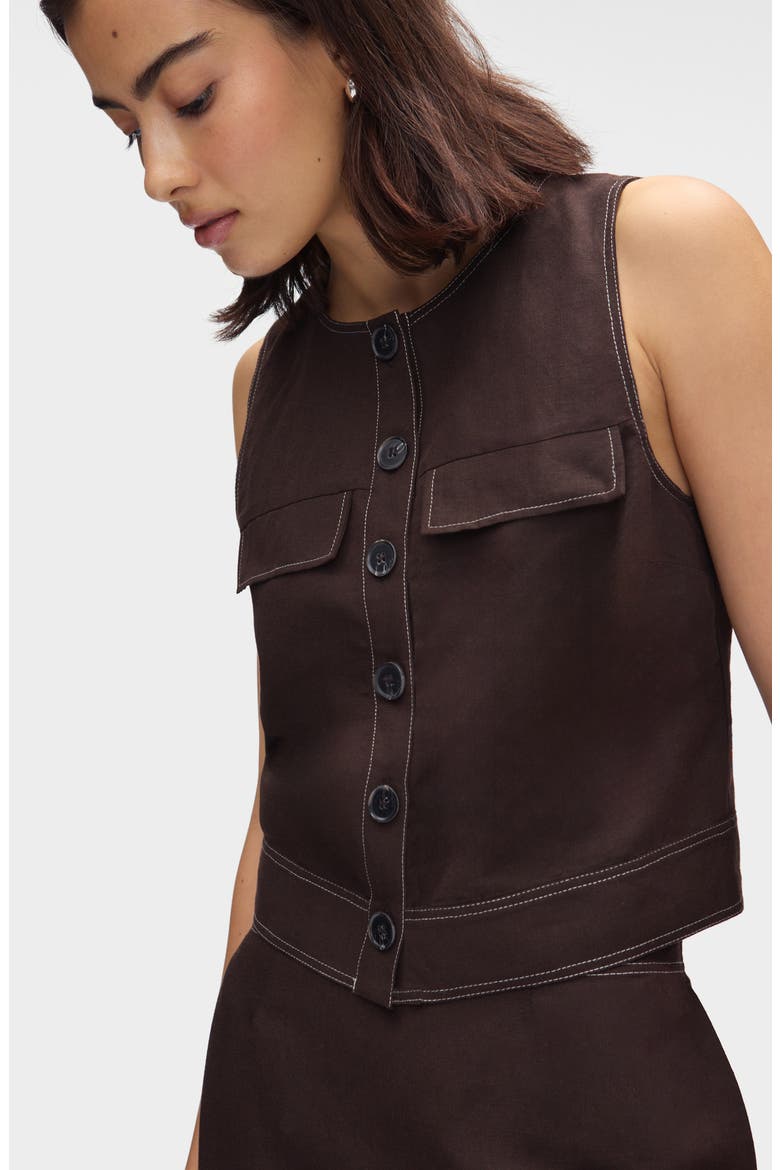 Summer Linen & Organic Cotton Blend Button-Up Crop Top, Alternate, color, CHOCOLATE
