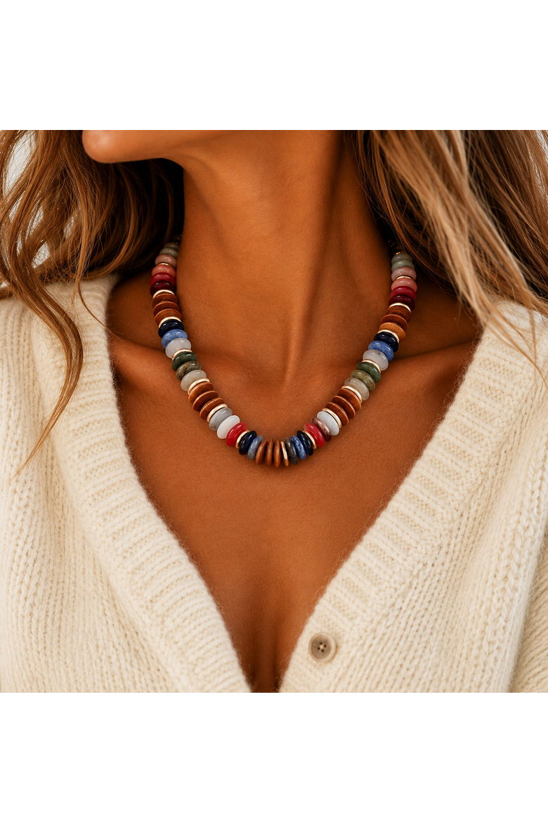 Wood and Neutral Beaded Necklace, Alternate, color, Brown