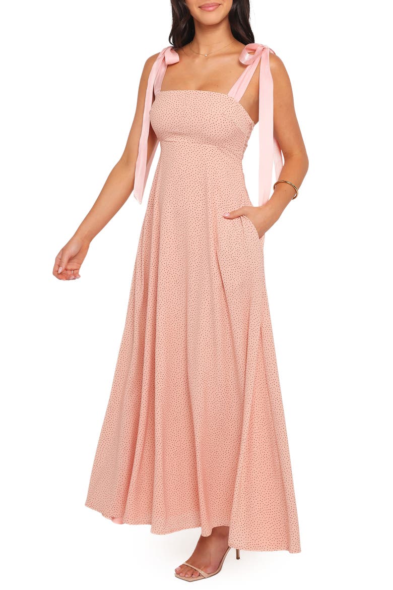 Ellody Polka Dot Tie Shoulder Maxi Dress, Alternate, color, PEACH POLKA DOT