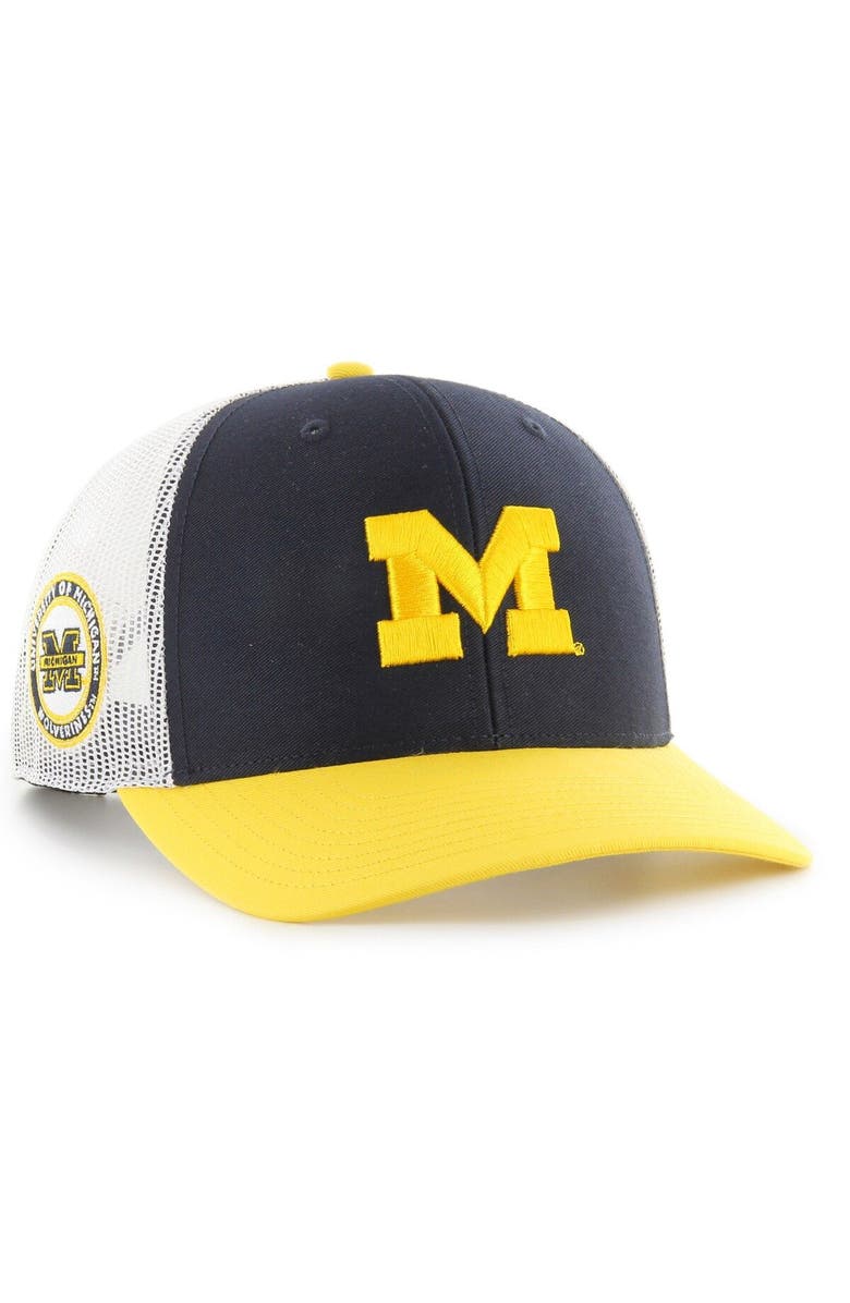'47 Men's '47 Navy Michigan Wolverines Side Note Trucker Snapback Hat, Main, color,