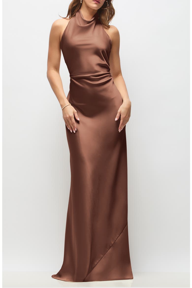 linger bias cut dress brown After Six Women's Leona Bias Cut Charmeuse Halter Gown - Brown