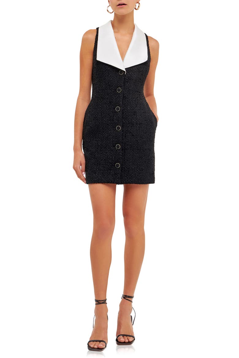 Contrast Collar Tweed Dress, Main, color, BLACK