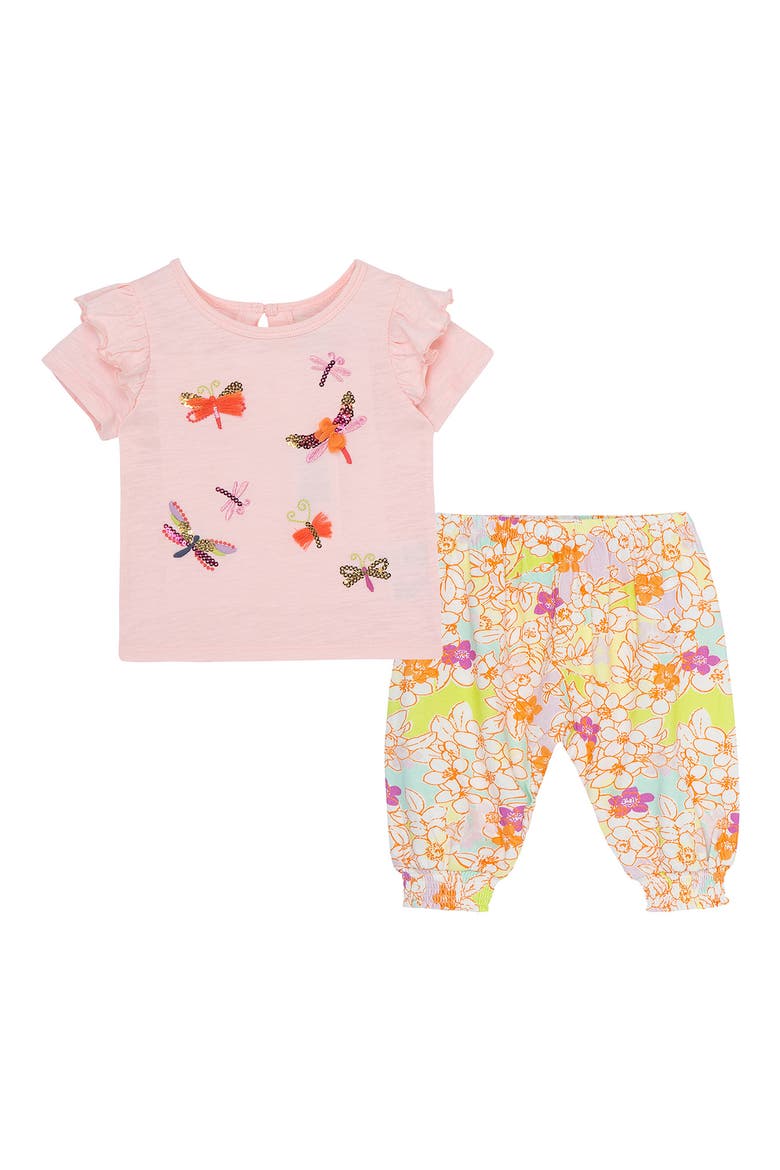 Dragonfly Appliqué Shirt and Floral Pants Set, Main, color, PINK