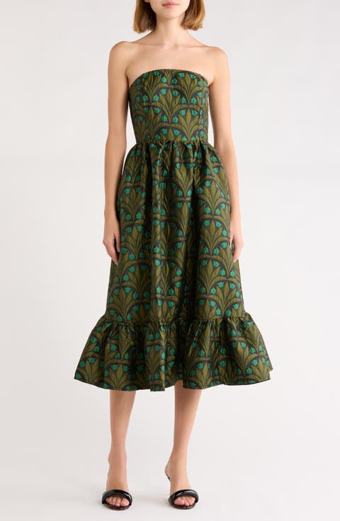 Aurra Floral Jacquard Tiered Strapless Midi Dress