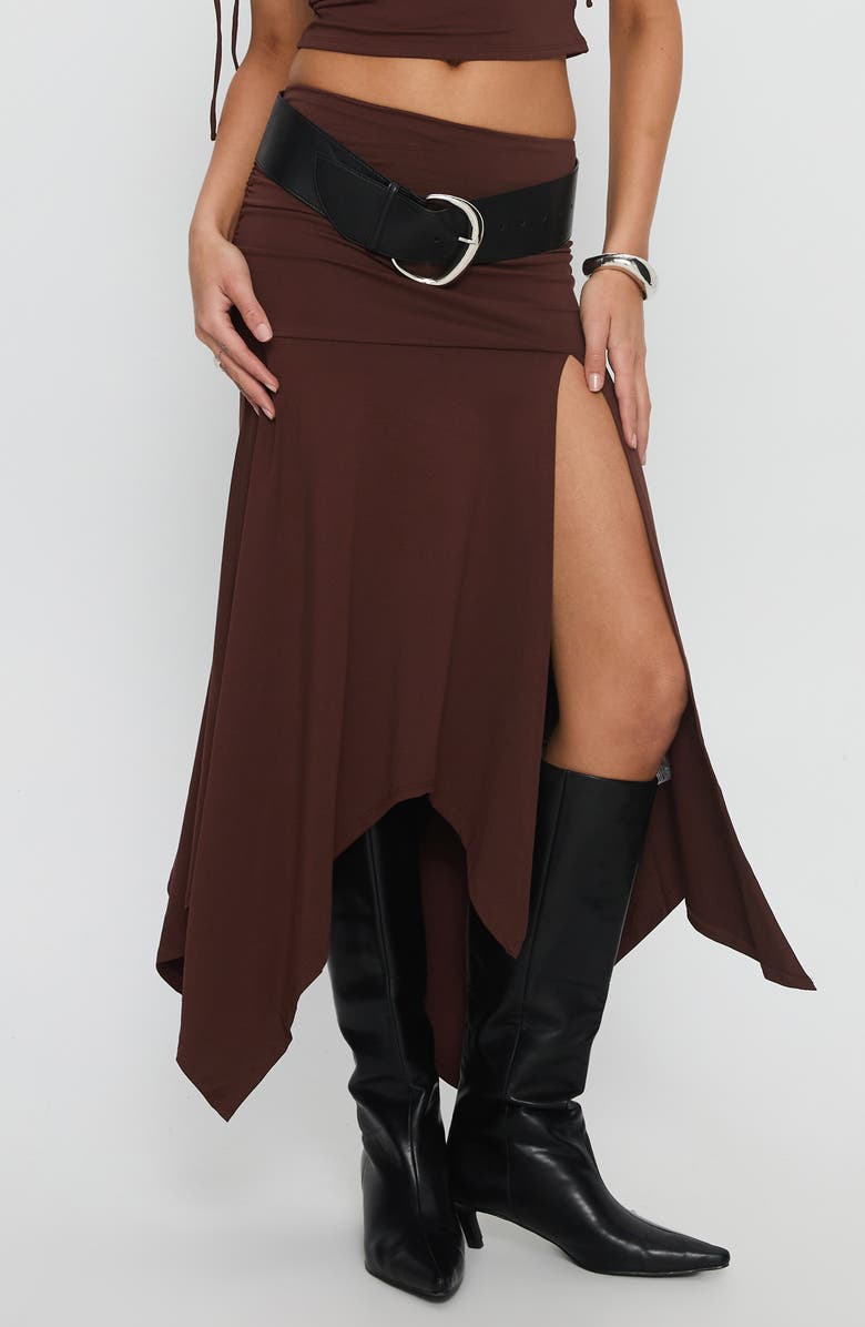 Princess Polly Azlynn One-Shoulder Crop Top & Handkerchief Hem Maxi Skirt Set, Main, color, Brown