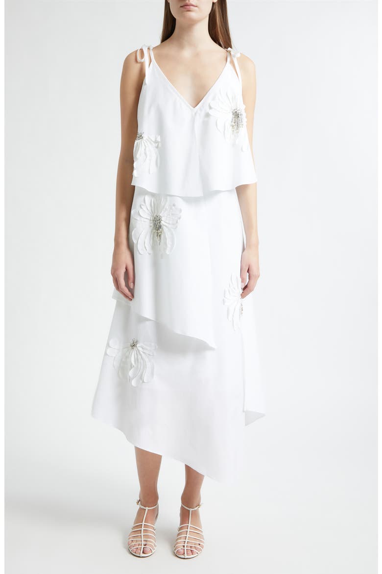 Floral Appliqué Layered Midi Dress, Main, color, WHITE