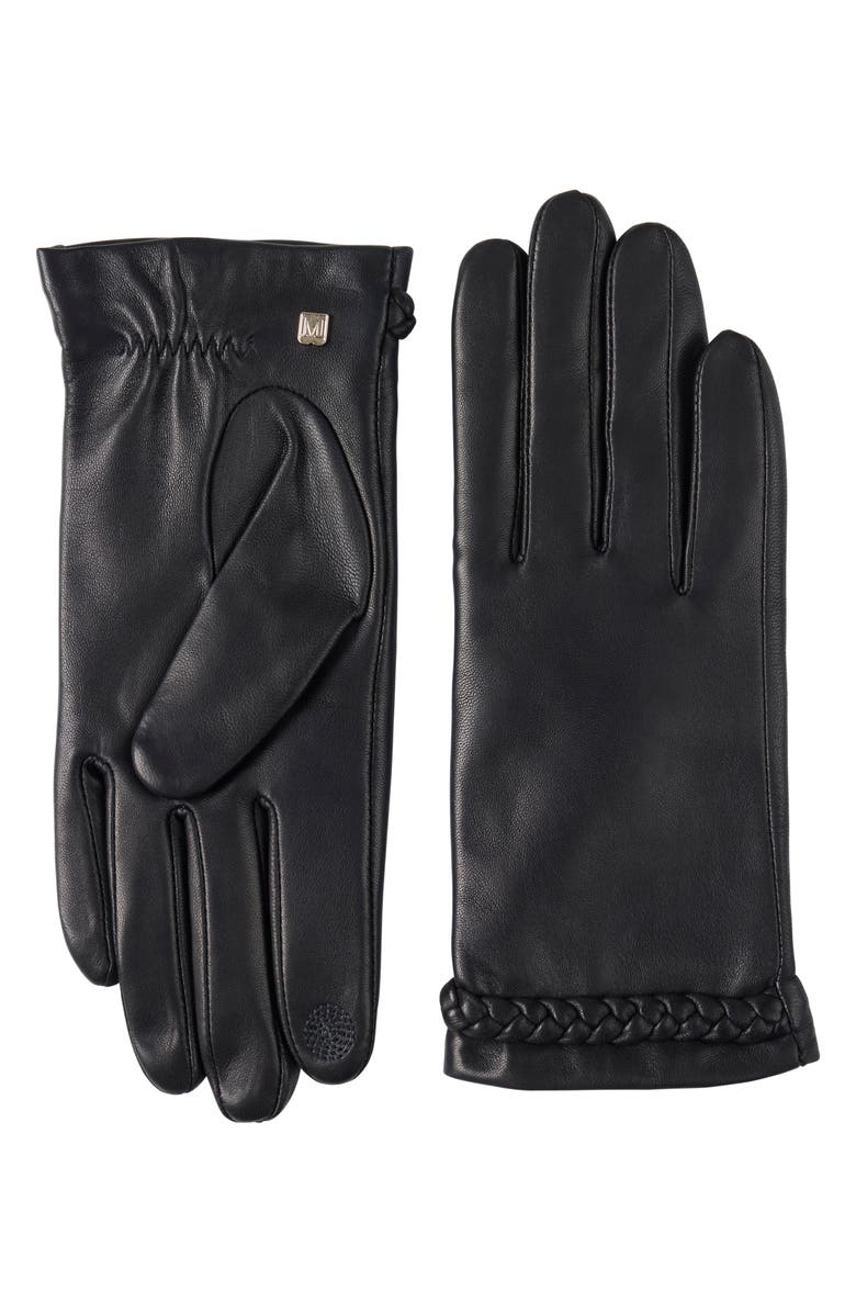 Bruno Magli Braided Cuff Leather Gloves, Main, color, Black