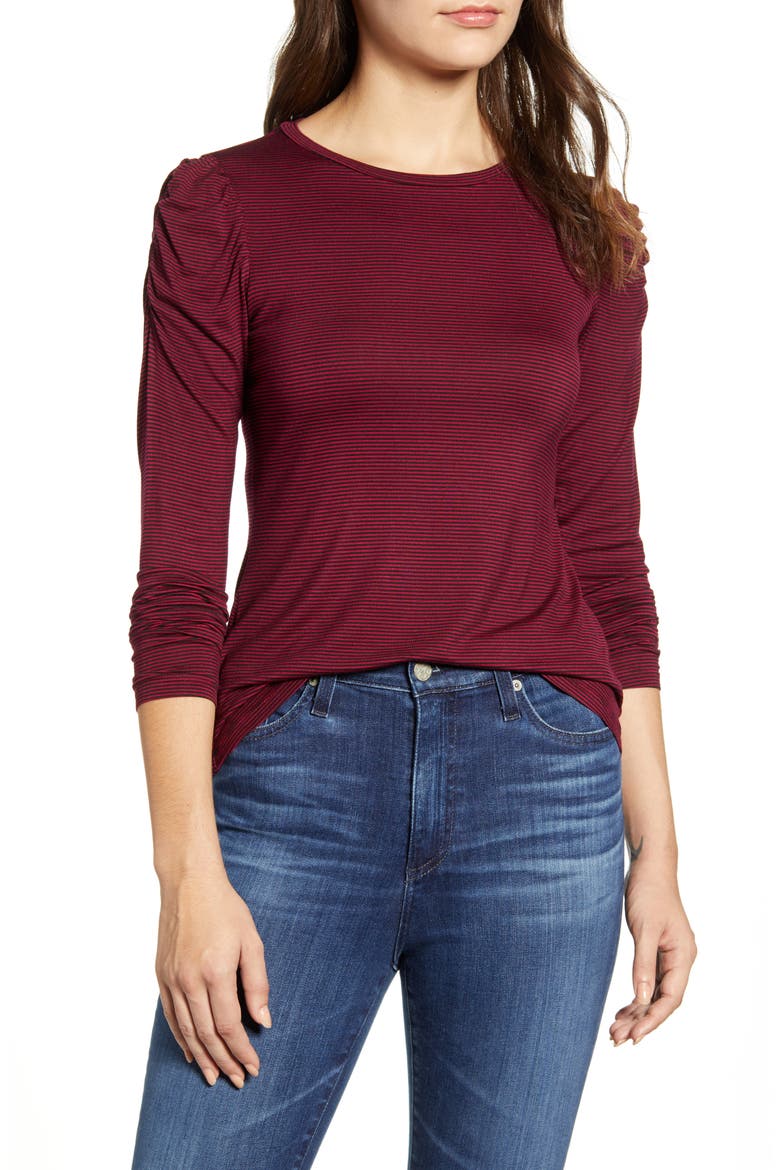 Bishop Sleeve Top, Main, color, BURGUNDY/ BLACK STRIPE