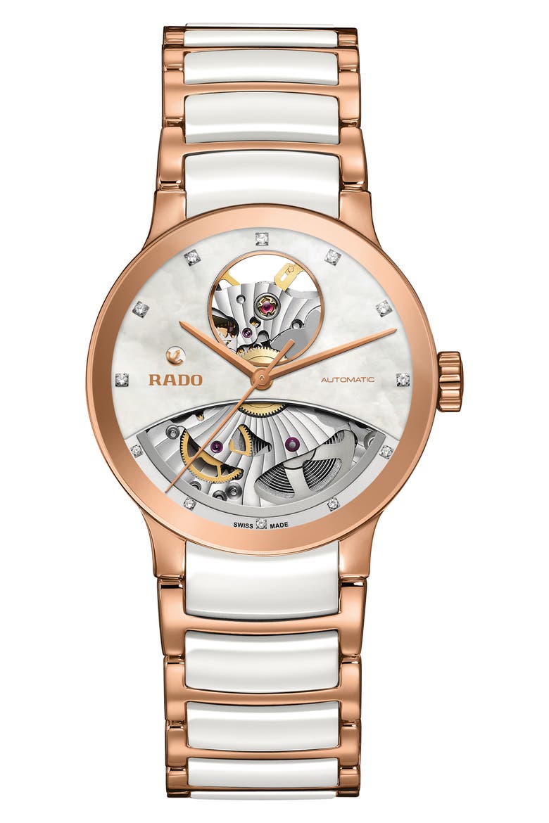Centrix Open Heart Automatic Diamond Ceramic Bracelet Watch, 33mm, Main, color, WHITE/ MOP/ ROSE GOLD