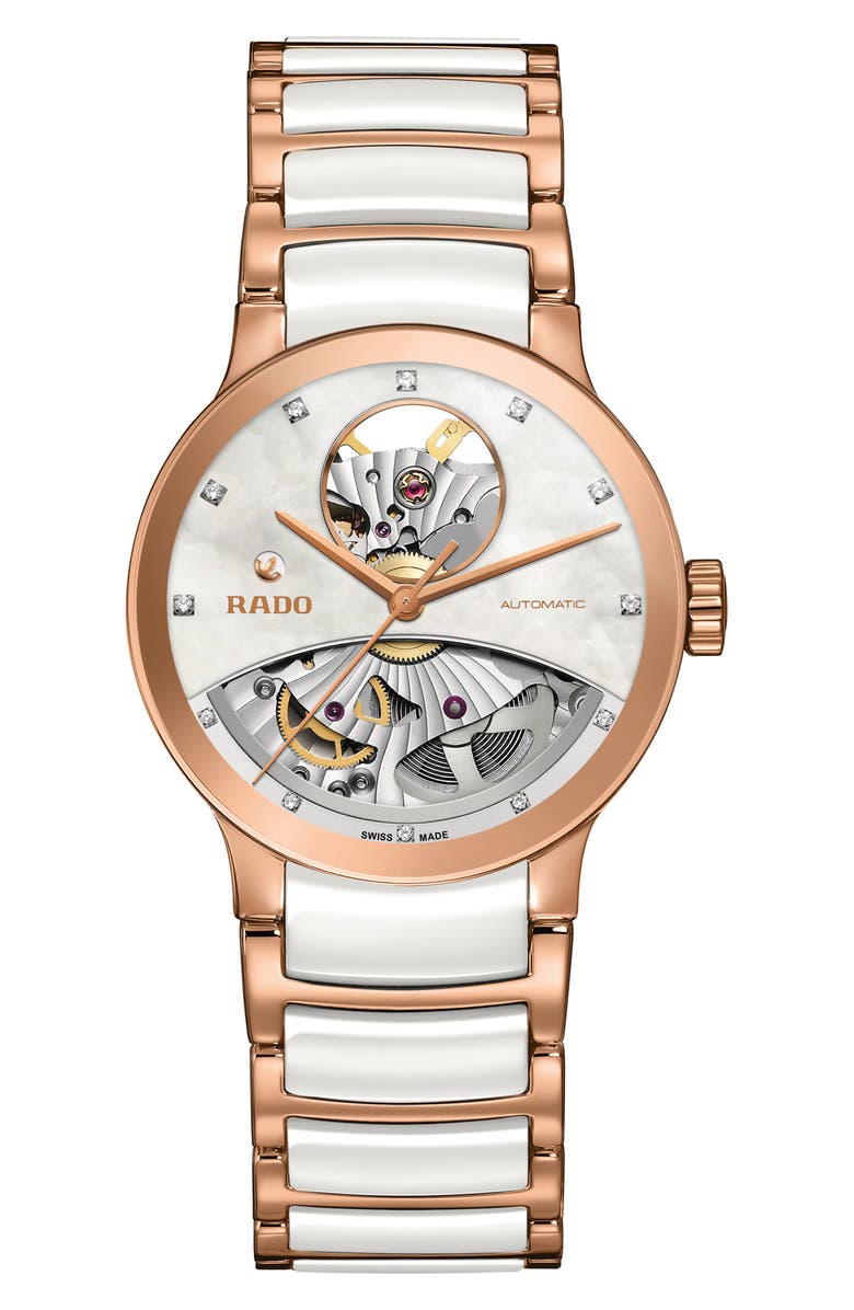 RADO Centrix Open Heart Automatic Diamond Ceramic Bracelet Watch, 33mm, Main, color,
