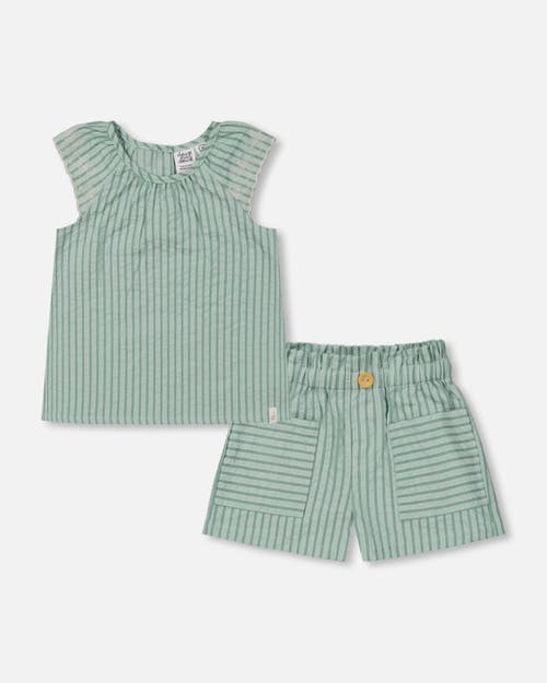 DEUX PAR DEUX DEUX PAR DEUX LITTLE GIRL'S CHAMBRAY BLOUSE AND SHORT SET MINT GREEN STRIPED