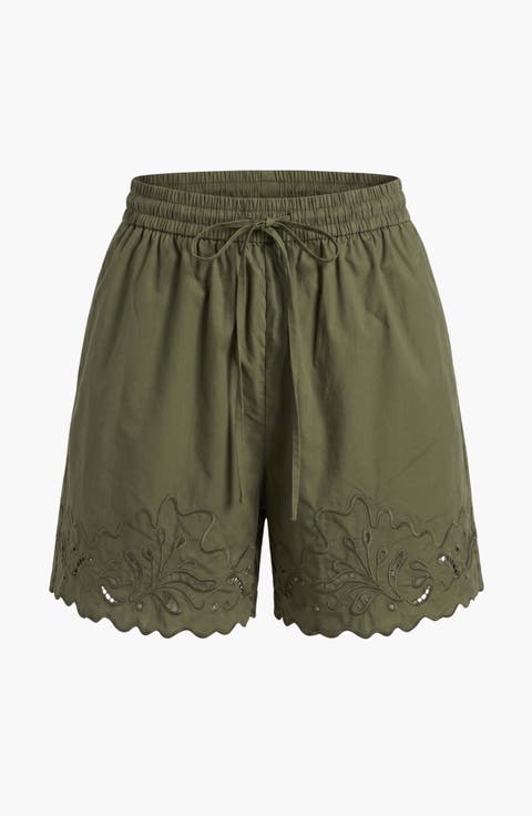 Eyelet Embroidered Shorts with Drawstring Waist and Scalloped Hems