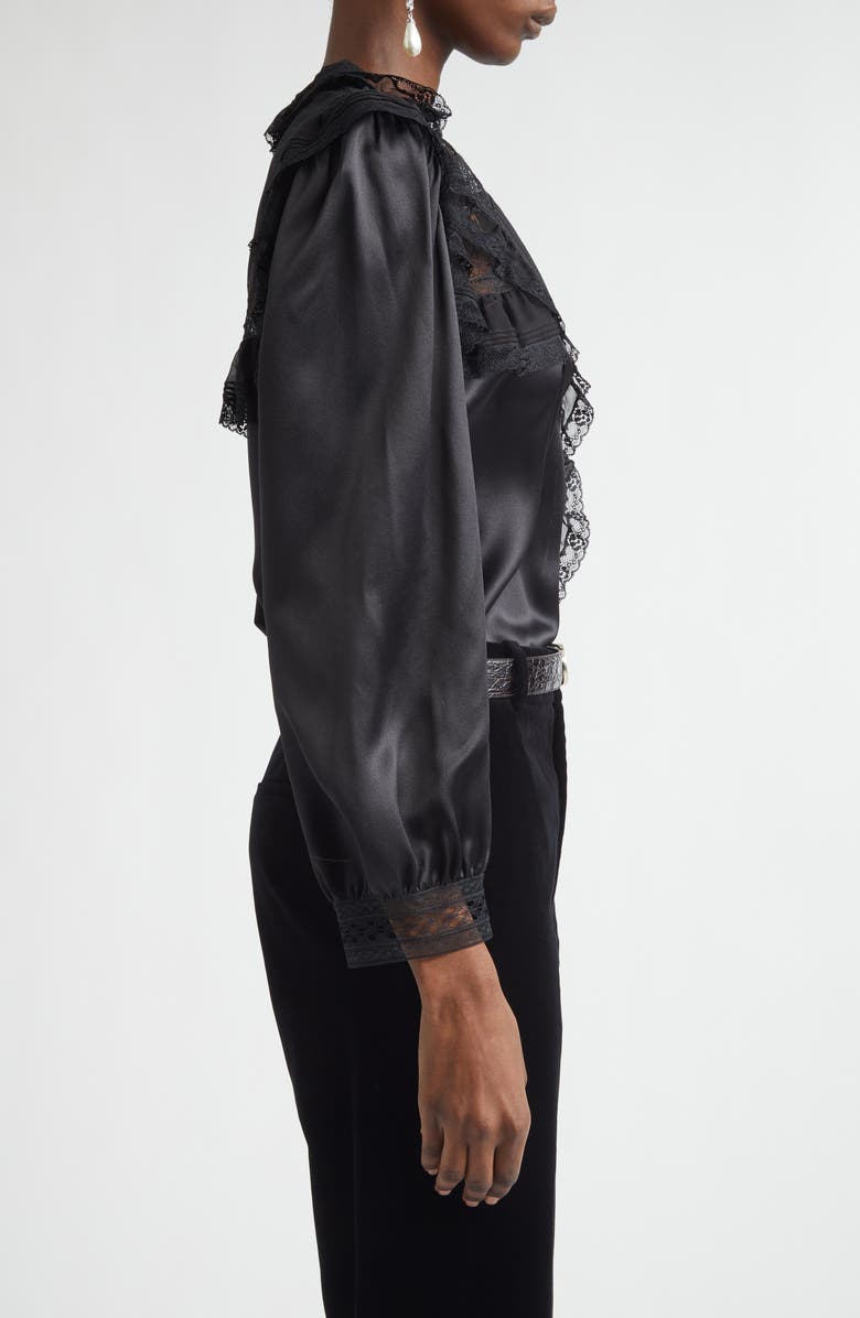 Saint Laurent Lace Trim Silk Charmeuse Top, Alternate, color, Nero