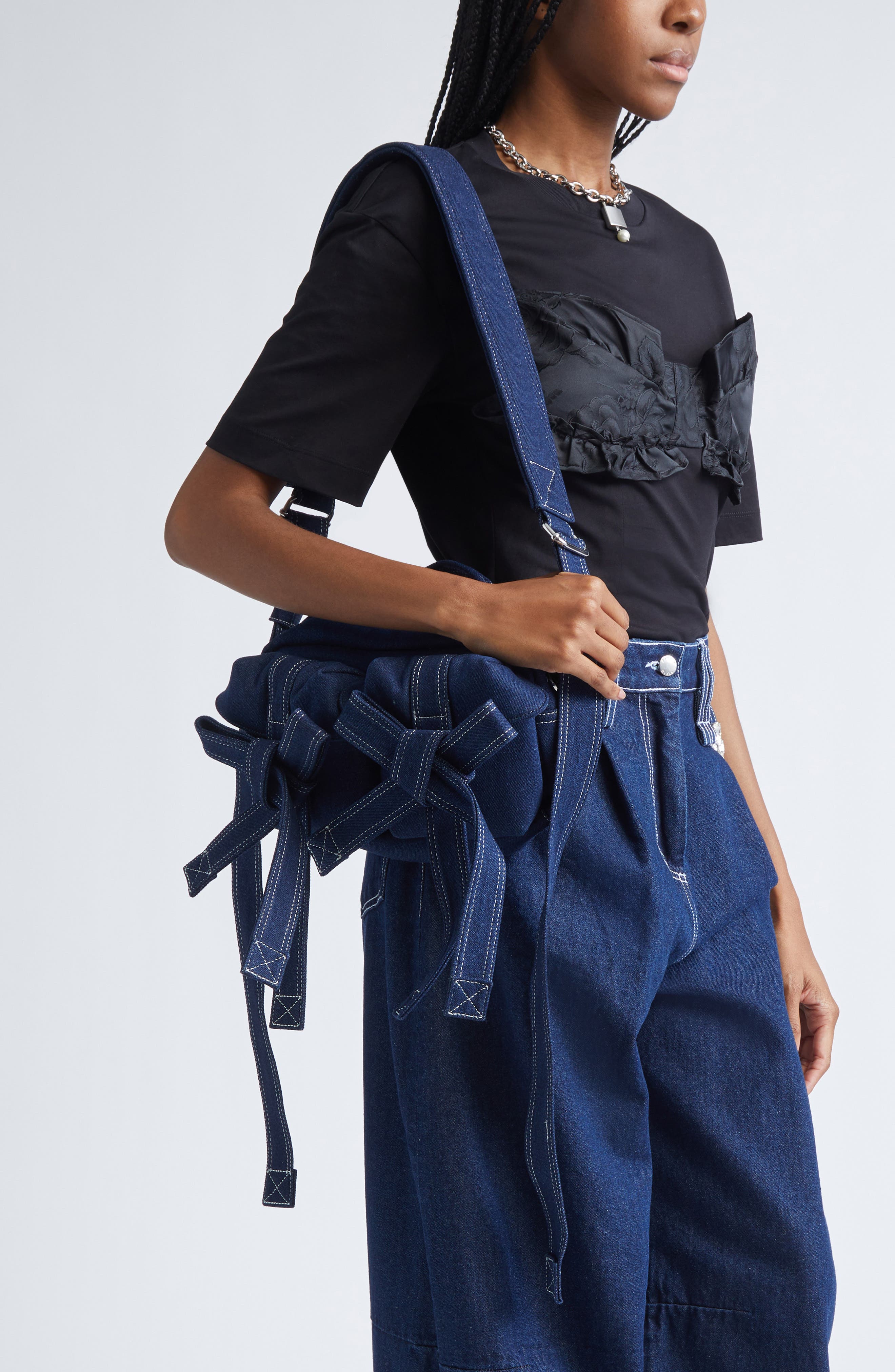 Simone Rocha Classic Bow Denim Crossbody Bag, Alternate, color, Indigo