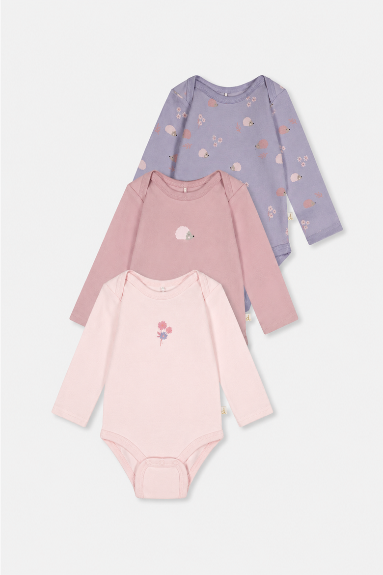 Three Pack Organic Cotton Hedgehog Long Sleeve Bodysuit, Main, color, Purple Hedgehog Print