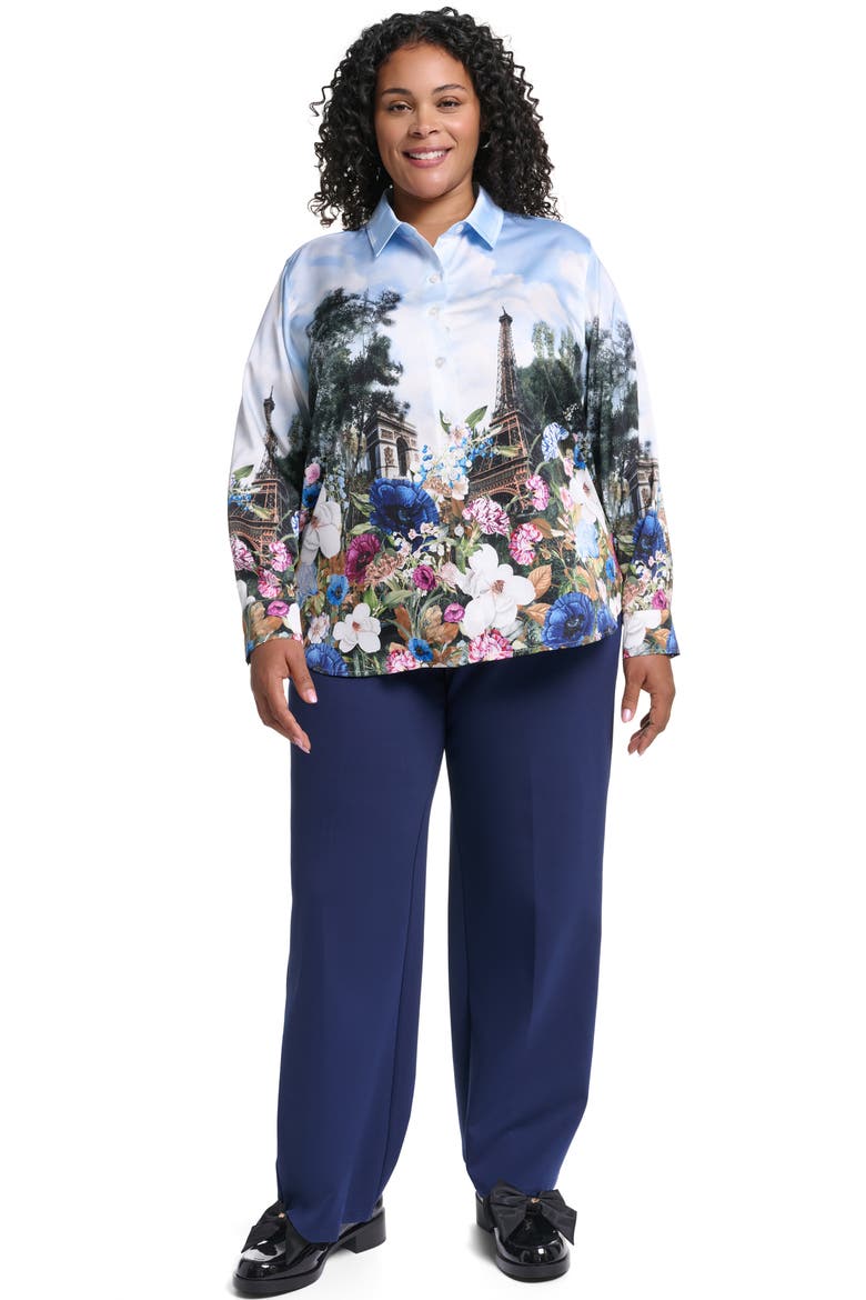 Paris Scene Button-Up Blouse, Alternate, color, STEEL BLUE MULTI