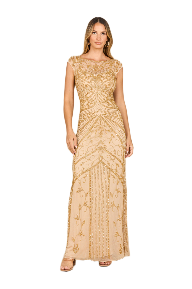 Beaded Cap Sleeve Sheath Gown, Alternate, color, Gold