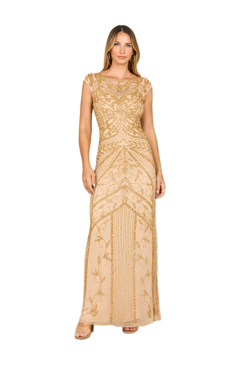 LARA New York Beaded Cap Sleeve Sheath Gown, Alternate, color, Gold