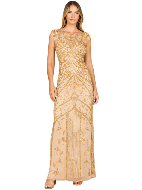 Lara New York Beaded Cap Sleeve Sheath Gown In Gold