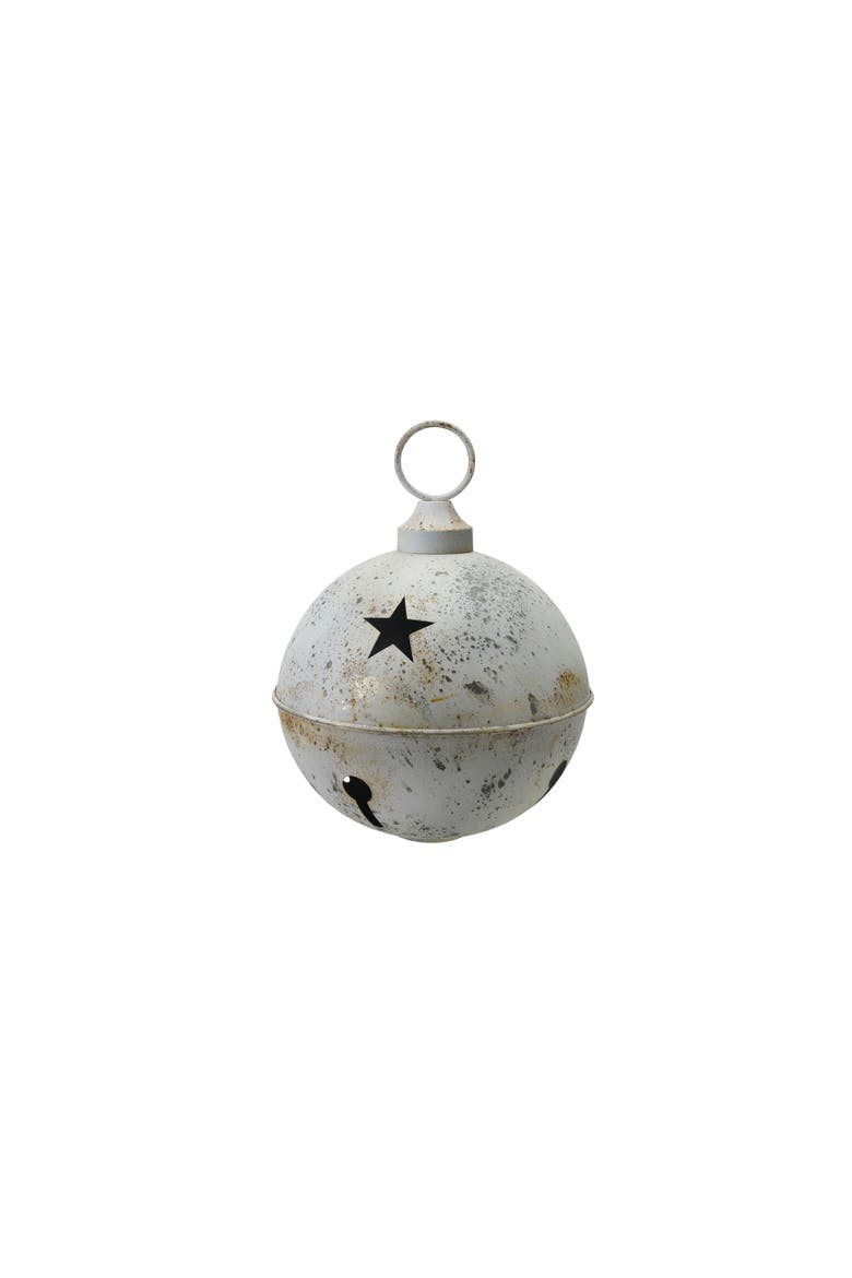 Large Metal Bell Ornament with Star Cut-Outs in Distressed Finish, White, Main, color, White