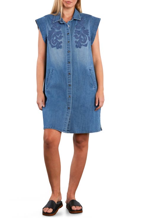 Sundrift Embroidered Faded Cotton Blend Denim Shirtdress