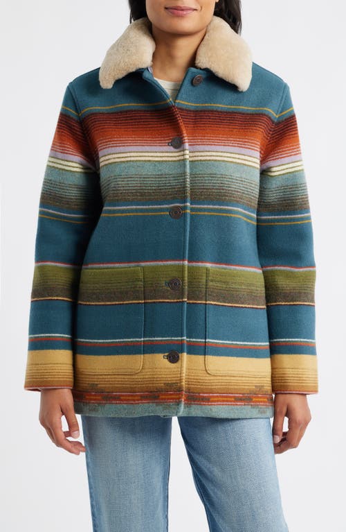 Pendleton Brownsville Virgin Wool & Cotton Coat With Genuine Shearling Collar In Multi