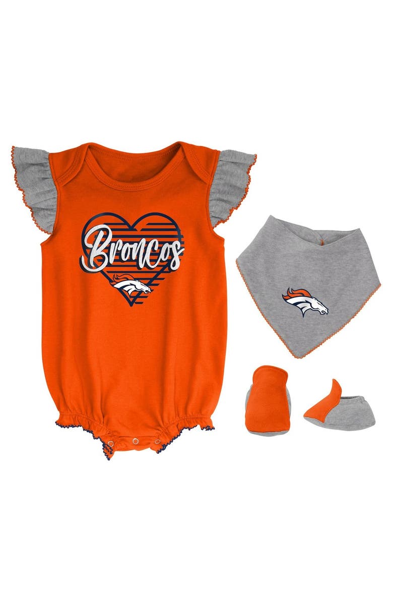 Outerstuff Girls Newborn & Infant Orange/Heathered Gray Denver Broncos All The Love Bodysuit Bib & Booties Set, Alternate, color, Orange