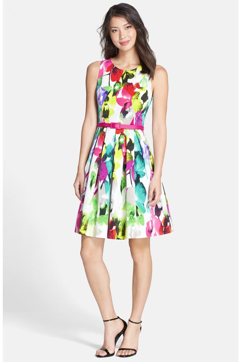 Belted Print Faille Fit & Flare Dress, Alternate, color, PRINT