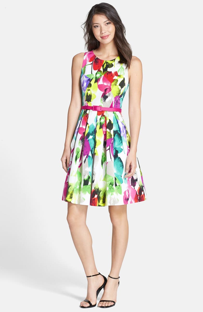 Eliza J Belted Print Faille Fit & Flare Dress, Alternate, color, 