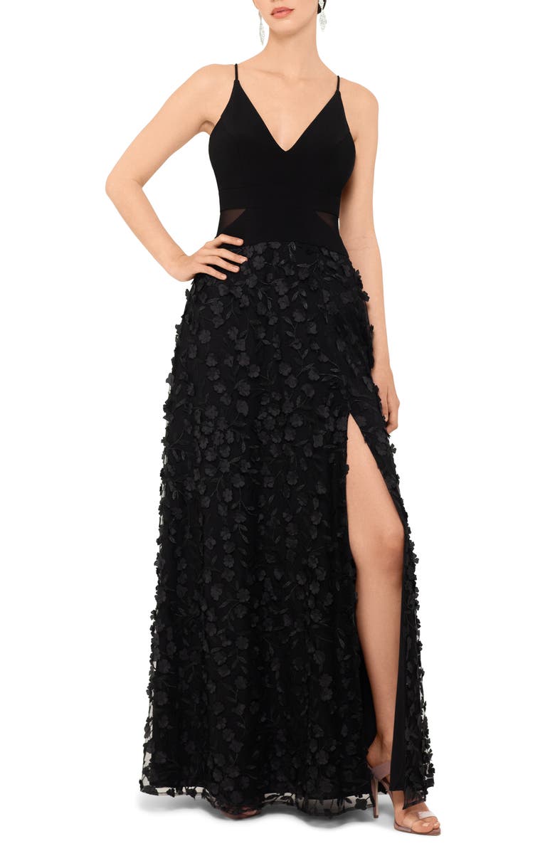 Xscape Evenings Xscape Floral Appliqué Gown, Main, color, Black/ Black